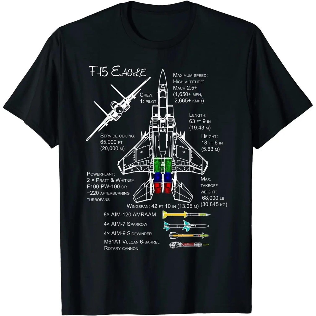 เสื้อยืดลายเครื่องบินต่อสู้ F-15 Eagle สีดำ