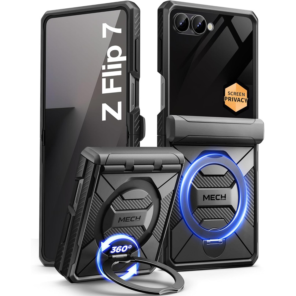 ตันเกต 360° Spin Magnetic Stand สําหรับ Z Flip 7 Case พร้อมตัวป้องกันหน้าจอความเป็นส่วนตัว[Anti Spy] เคส Samsung Galaxy Z Flip 7 กันกระแทกทั้งตัวพร้อมบานพับ,สีดํา