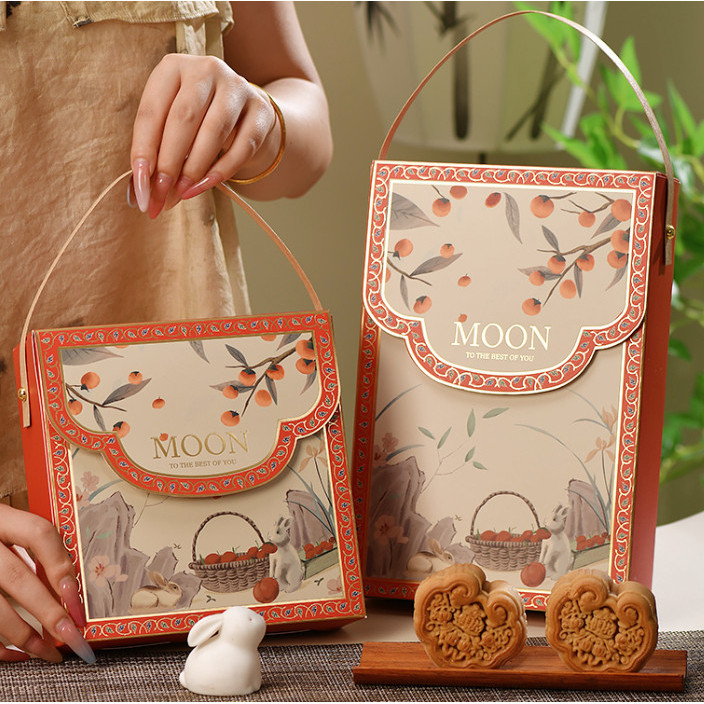 กล่องขนมไหว้พระจันทร์ ปีใหม่ หูหิ้ว 4/6 ช่อง 18x18x5.3 ซม. กล่องมูน ขนมเปี๊ยะ กล่องของขวัญ ของฝาก mooncake MOON266