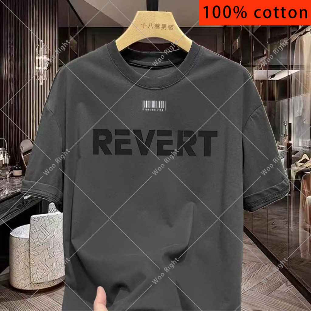 (จัดส่งตลอด 24 ชั่วโมง)Woo Right ฤดูร้อนผู้ชายผ้าฝ้ายเสื้อยืดคอกลม "REVERT" พิมพ์เสื้อหลวม ๆ ร้อยด้านบน