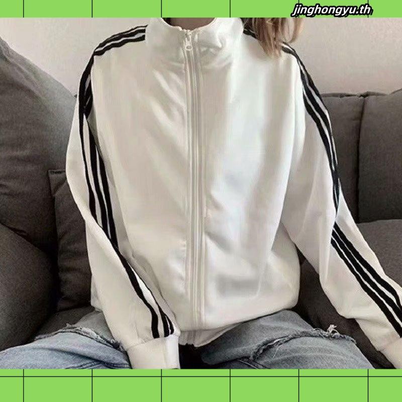 Onu เสื้อแจ็กเก็ตลําลอง แขนยาว คอปก มีซิป ลายทาง สําหรับผู้หญิง FEI