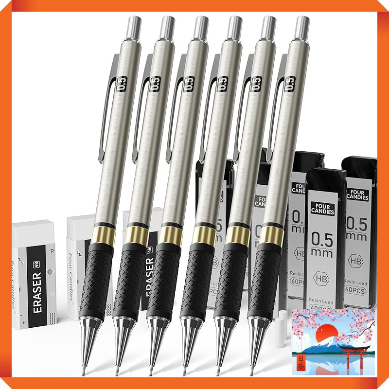 Four Candies Metal Mechanical Pencil Set - Includes 6 Art Pencils (0.5mm, 0.7mm, and 0.9mm) & 360 HB
