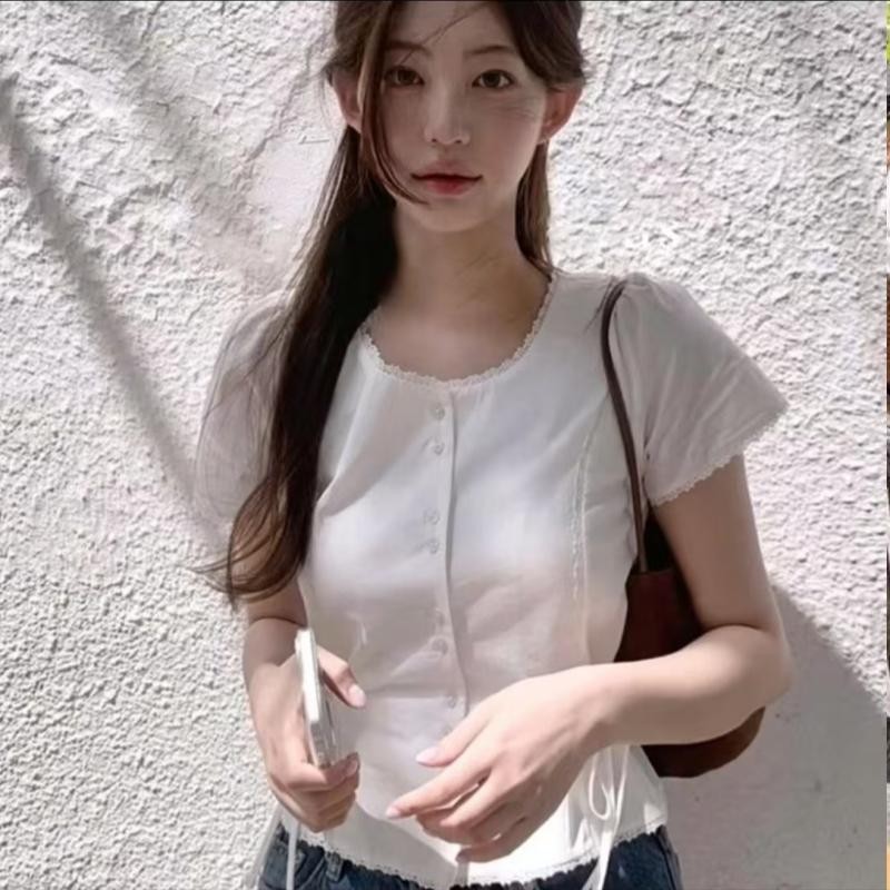 mimi&didi#เสื้อเชิ้ตแขนสั้นสีขาว สไตล์ลำลองฤดูร้อน ทรงหลวม มิกซ์แอนด์แมทช์กับท็อปส์ซูแฟชั่น เสื้อผ้าผู้หญิงย้อนยุค#99173