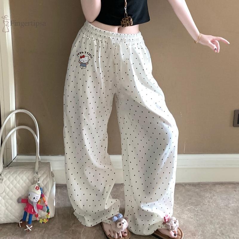 กางเกงเอวสูงทรงหลวมแบบ Polka Dot น่ารักสำหรับใส่ลำลองของผู้หญิง