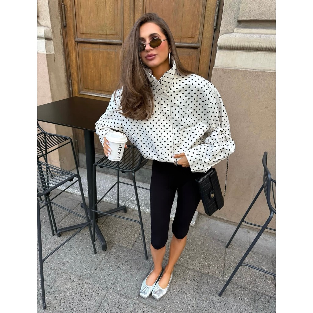 Qinchuan 25 ฤดูใบไม้ร่วงใหม่ยุโรปสไตล์อเมริกันหลวมสบายๆคอสูง Polka Dot Seersucker Jacket Coat2010713