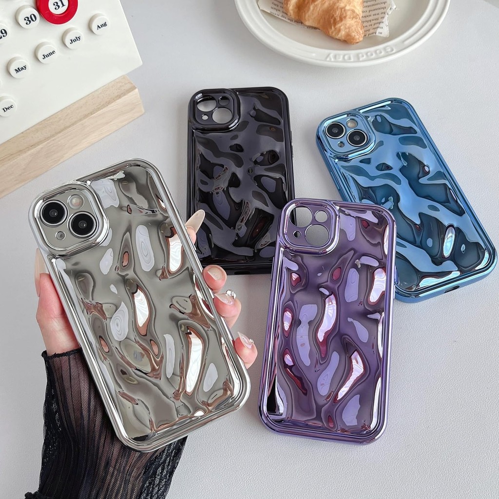 Caseative for iPhone 15 Plus Case, Water Ripple Wave Meteorite Bubble Pattern Chrome Plating Soft เข