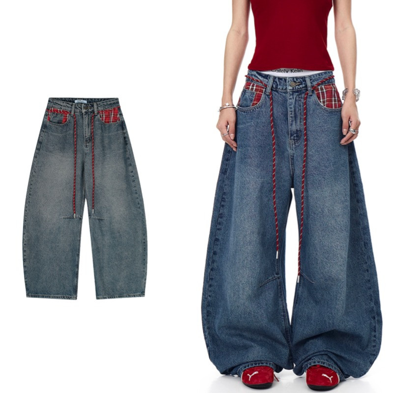 SUIKONE ซุยโคเนะ กางเกงยีนส์ขากว้างสไตล์อเมริกันย้อนยุค ลายสก๊อต ทรงหลวม สำหรับฤดูใบไม้ร่วง