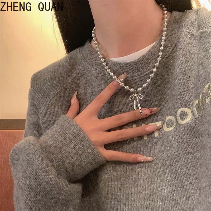 สร้อยคอมุกโบว์สีเทาหรูหรา สำหรับเป็นของขวัญ