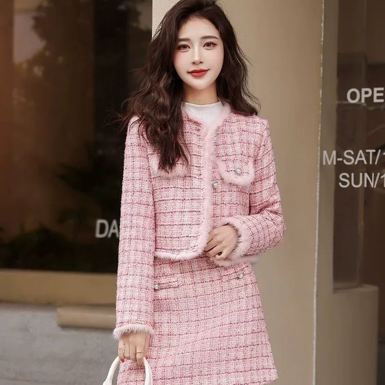 Xiaoxiang Style Pink Celebrity Tweed Quilted Suit Female Temperament Fashion High-End Coat Short Ski