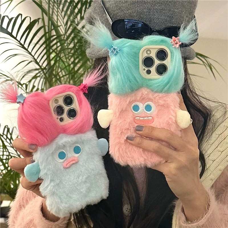Hairy 3D สาวการ์ตูนปุยน่ารักสําหรับ iPhone 17 Air 16 Pro Max 17promax กรณี 15 Plus 14 13 12 11 อบอุ่นฤดูหนาวสีนุ่มปกหลังของขวัญ