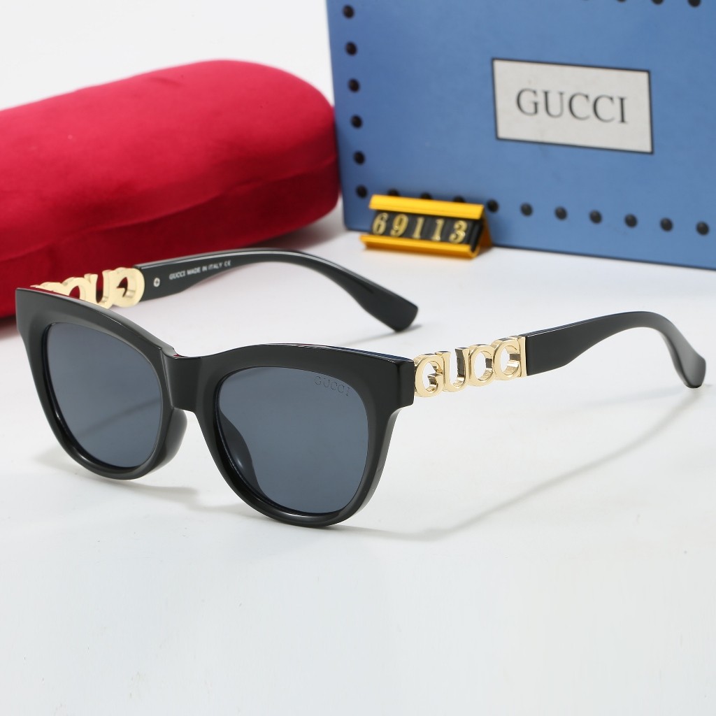 GUCCI แว่นกันแดดทรงกลม Temple LOGO LOGO ผู้ชายผู้หญิงแว่นตากันแดดสไตล์เดียวกัน SK