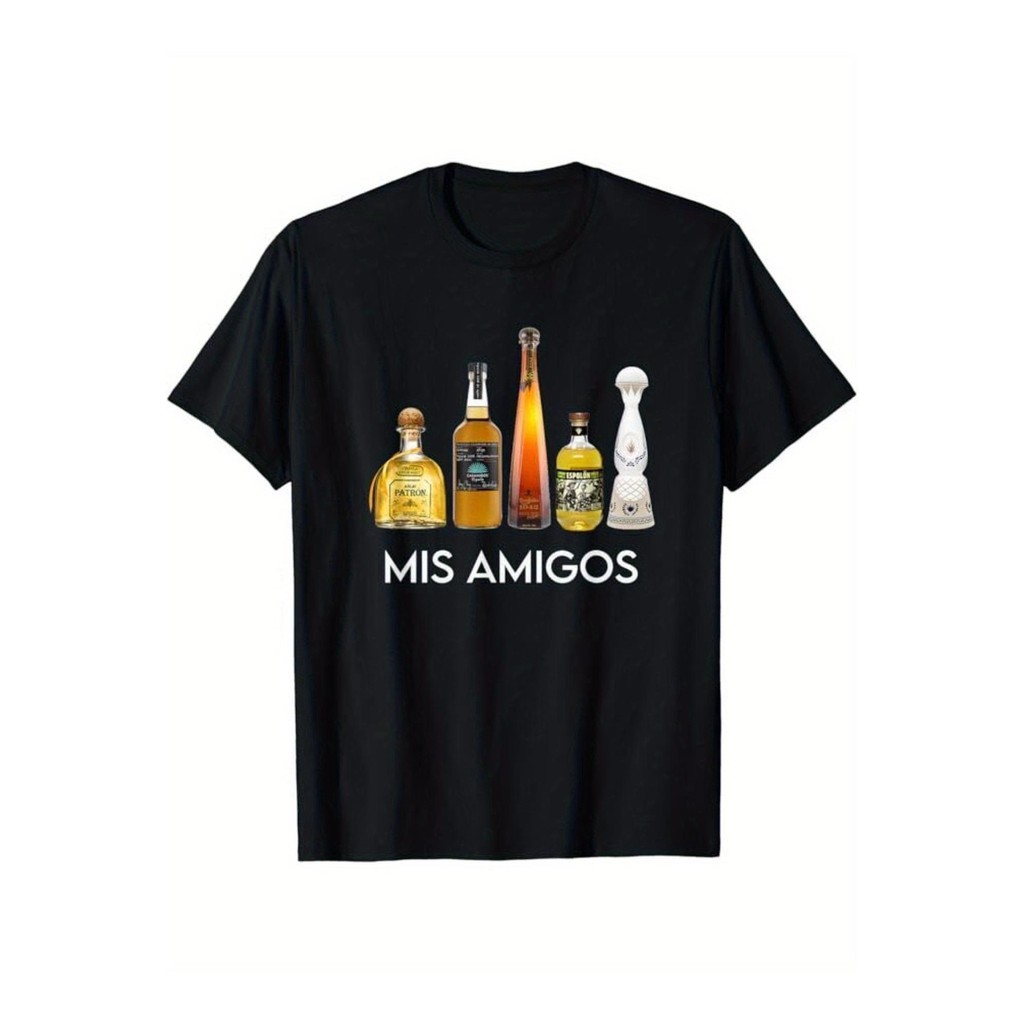 เสื้อยืดผู้ชาย Mis Amigos พร้อมธีมเครื่องดื่มแข็ง Tequila - คอปกกลมลําลอง แขนสั้น ระบายอากาศได้ดี สบ