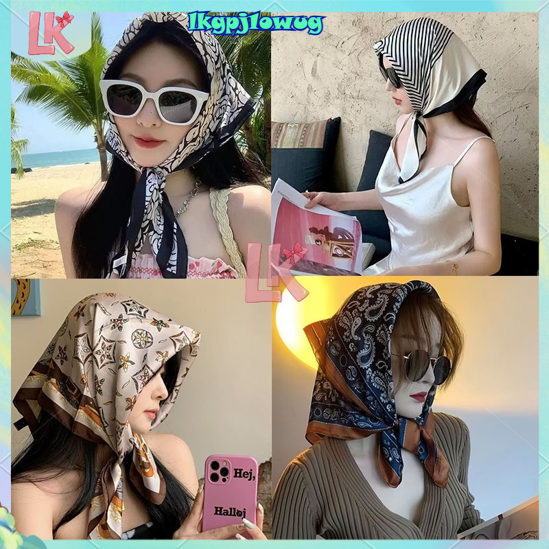 LK พร้อมส่ง ผ้าพันคอซาตินสไตล์เกาหลี ผ้าชีฟอง 4 ทาง (70x70 ซม.) ใช้โพกหัว ผูกคอ หรือแต่งลุค