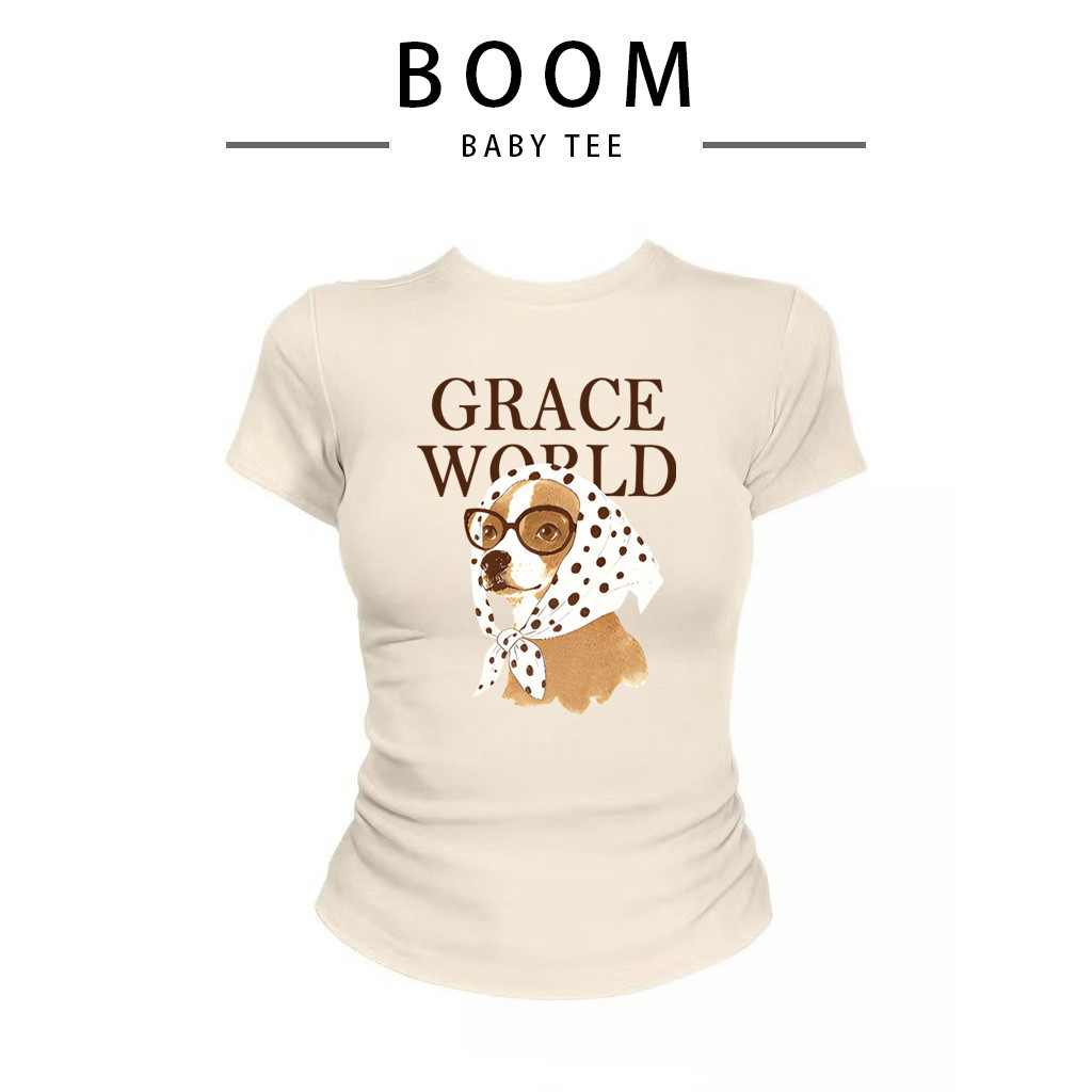 COD（จัดส่งภายใน 24 ชั่วโมง）เสื้อครอปท็อป แขนสั้น babytee สไตล์เกาหลี y2k T-shirt เสื้อสาวอวบ | พิมพ์ลายลูกสุนัขพร้อมแว่น