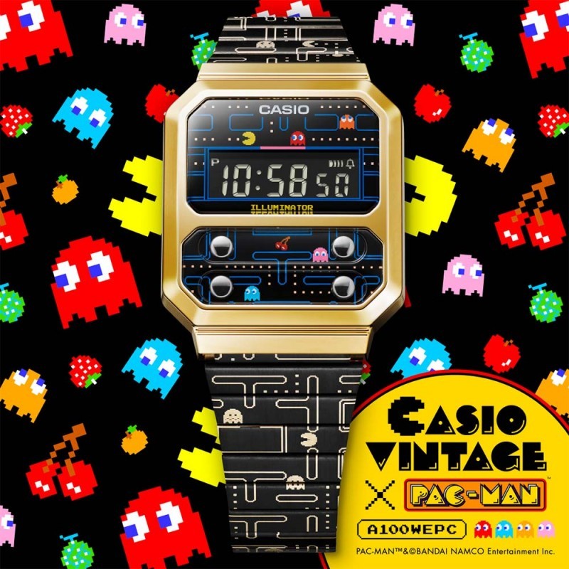 Casio PAC-MAN กิน Bean MAN Co-Branded Small Square Retro ผู้ชายผู้หญิงอิเล็กทรอนิกส์การ์ตูนดิจิตอลจอ
