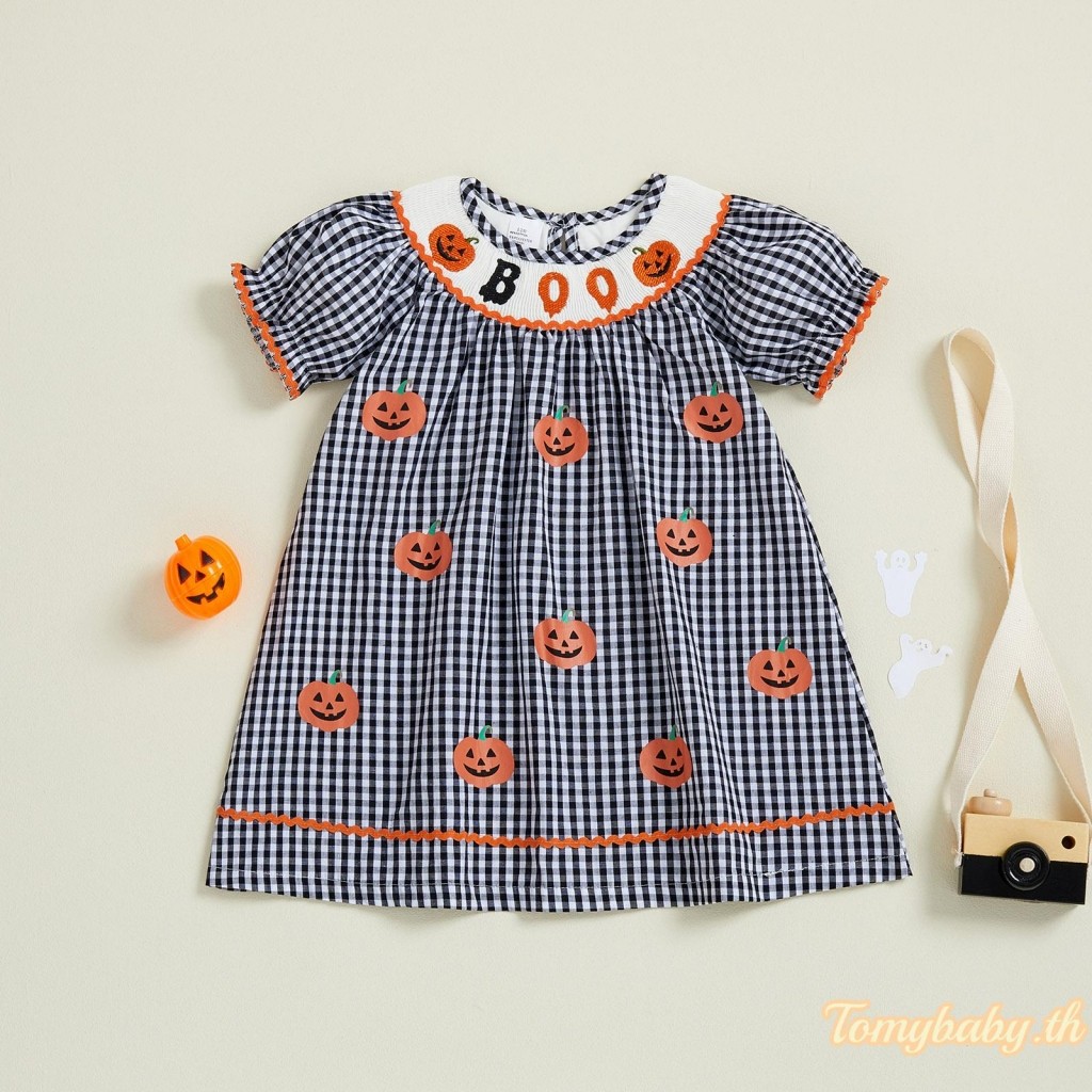 ชุดฮาโลวีนลายสก๊อตฟักทองสำหรับเด็กผู้หญิง พร้อมขอบตกแต่ง Ric Rac