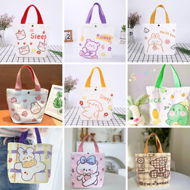 กระเป๋าผ้ามินิมอล 13 ลายสกรีน ขนาด 27x22cm กระเป๋า เป็นมิตรกับสิ่งแวดล้อม ใช้ซ้ําได้ พร้อมที่จับ ผ้าฝ้ายนิ่ม