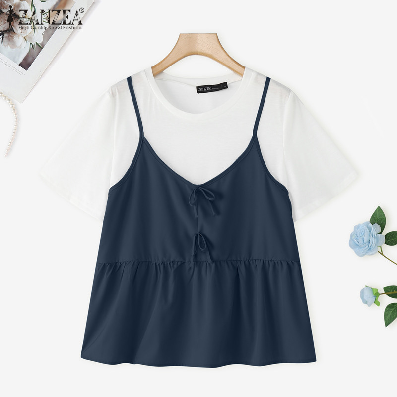 ZANZEA เสื้อยืดผู้หญิง สไตล์เกาหลีหวาน โบว์โนต และแพทช์เวิร์ค - รูปที่ 4