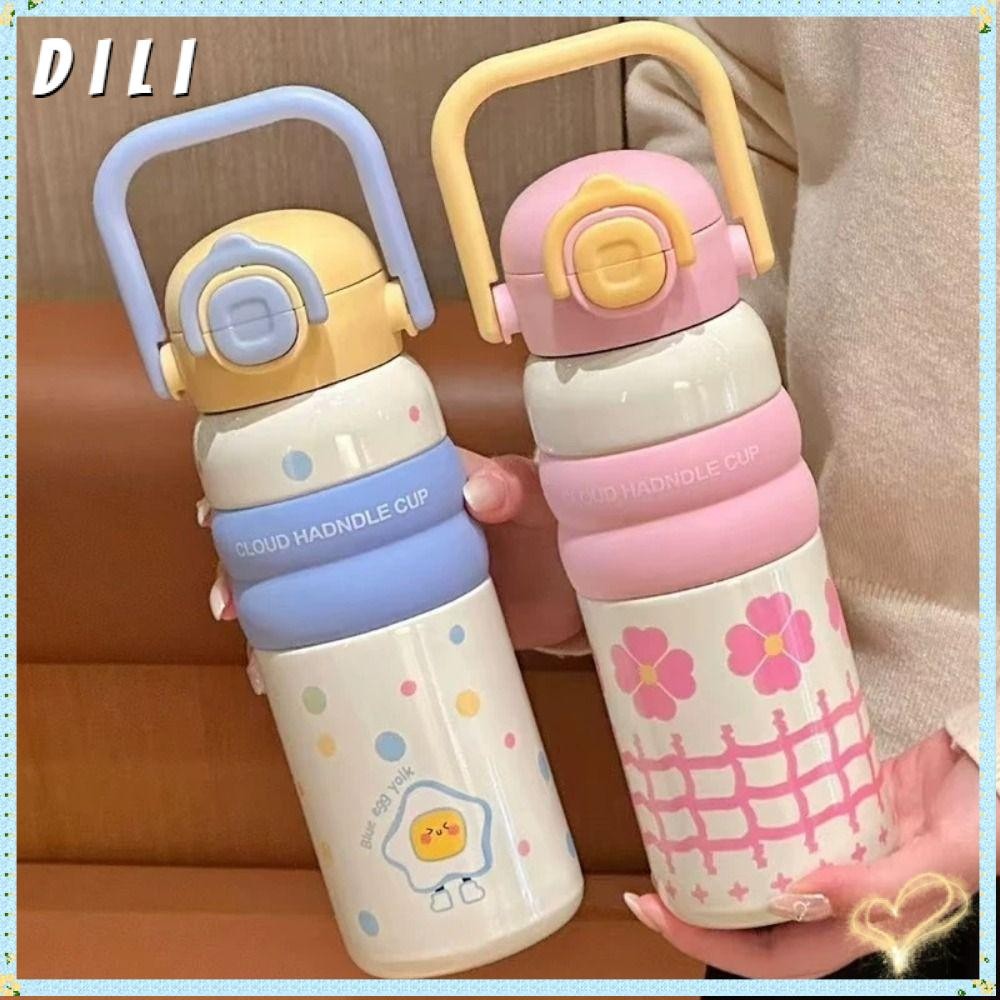ดิลี 316 ถ้วยสแตนเลส,ฉนวนกันความร้อนหรือความเย็นถ้วยสูญญากาศทนทาน,น่ารักพร้อมที่จับฟางแก้ว600มลขวดน้ําเก็บความร้อนสําหรับเด็กนักเรียน