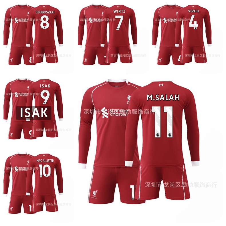 2025-26 ฤดูกาล Liverpool Home แขนยาวฟุตบอลผู้ใหญ่เด็ก Jersey Kit Virgil van Dijk Wirtz Soboszlai Isa