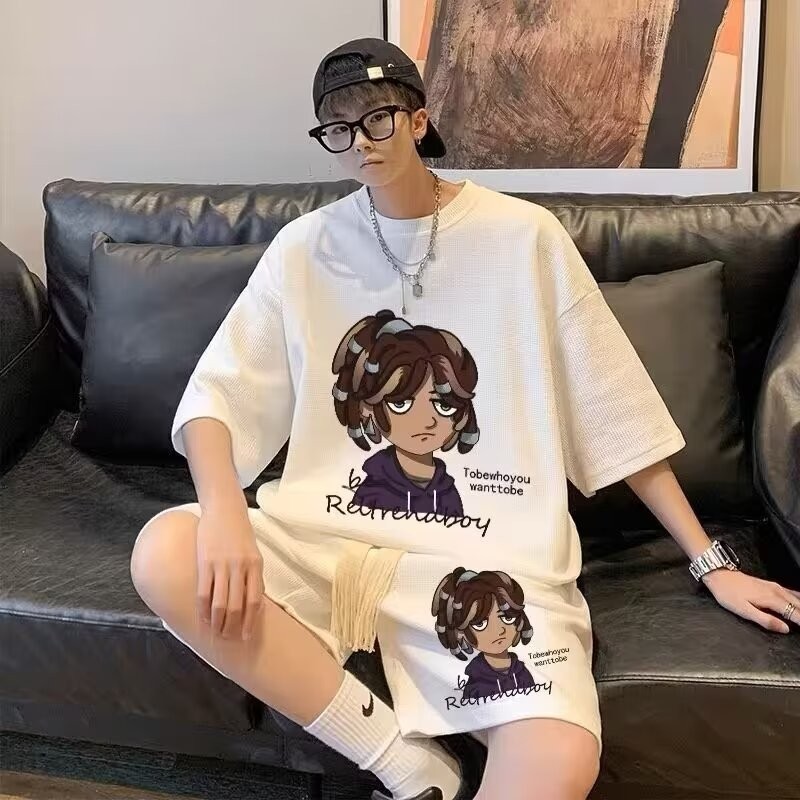 2025 NEW 2025 Trendy Brand Character Waffle Casual Set for Men Summer Youth Sports Heavyweight Short