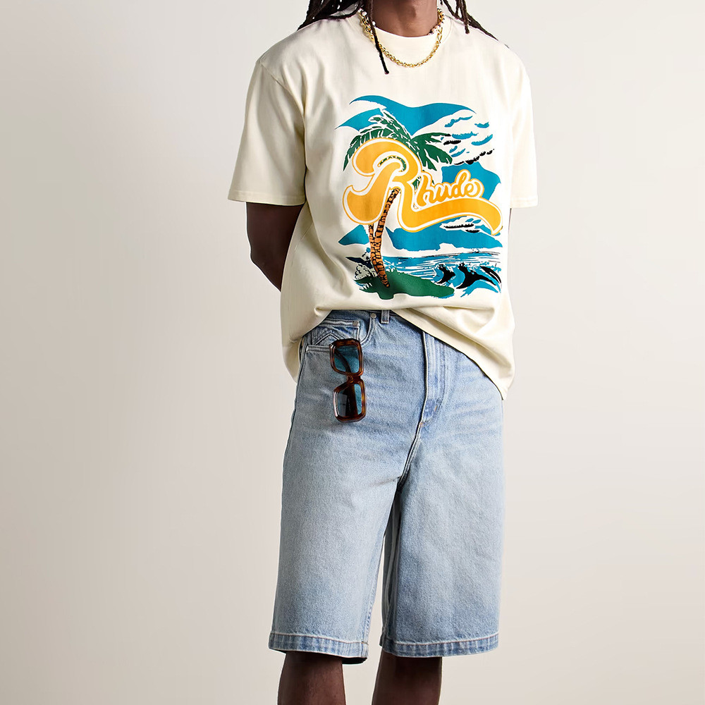 I7HZ RHUDE Vintage Coconut Tree Beach Print Summer Loose Versatile Couple Outfit Casual Short Sleeve