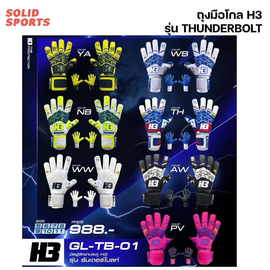 ถุงมือประตู ถุงมือโกล H3 รุ่น [Thunderbolt] ของแท้ คุณภาพดี ถุงมือโกลผู้ใหญ่ ถุงมือโกลเด็ก Sport ออก