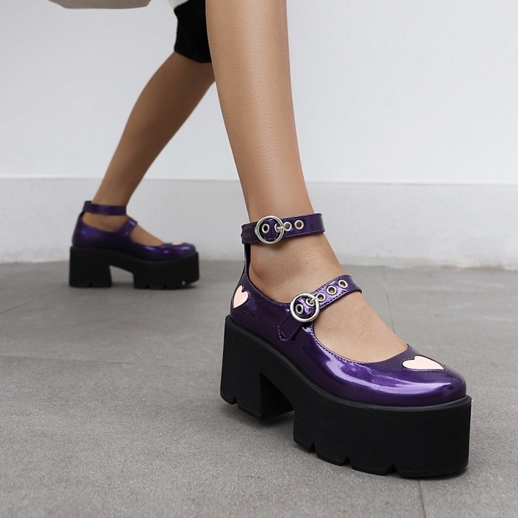 MTH35-43 ขนาดขนาดใหญ่สีม่วงสิทธิบัตรหนัง Glossy JK อังกฤษ Sweetheart หัวใจแบนสายคล้องคอหนา Soled ส้น