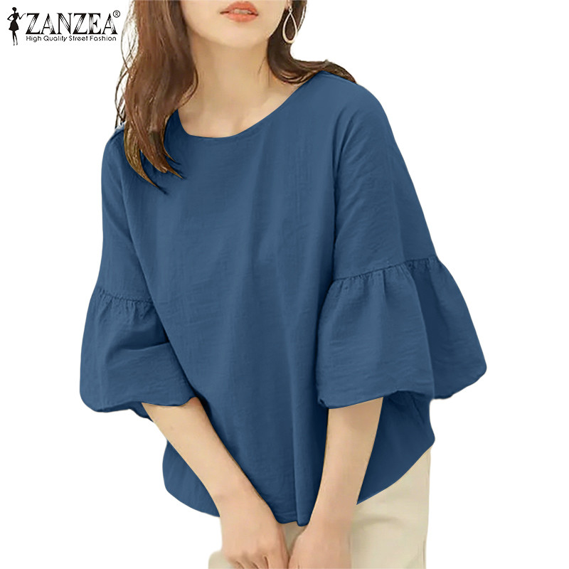 ZANZEA ซานเซีย เสื้อลำลองสำหรับผู้หญิง สไตล์เกาหลี แขนระฆัง รอบคอ 3/4 ลายสีทึบ ทรงหลวมใส่สบาย