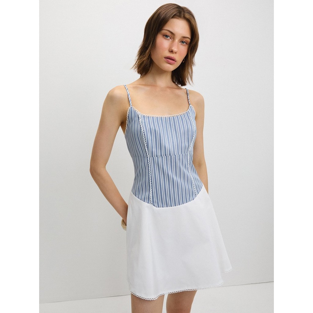 [Pomelo] เดรสลายทางแต่งขอบลูกไม้ / Striped Lace Trim Dress — صورة 3