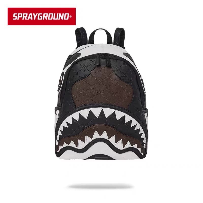 Sprayground Mini Backpack สีขาว สีชมพู Shark Mouth Street Wear Paris Plaid All-Match Ladies Small Ba