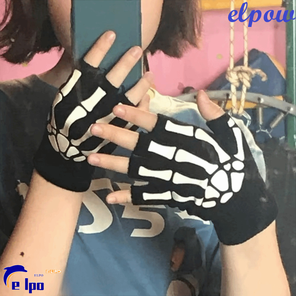 PIXELPOWER Punk Skeleton Gloves ถักลายโครงกระดูกสีดำ สำหรับปาร์ตี้ฮาโลวีน