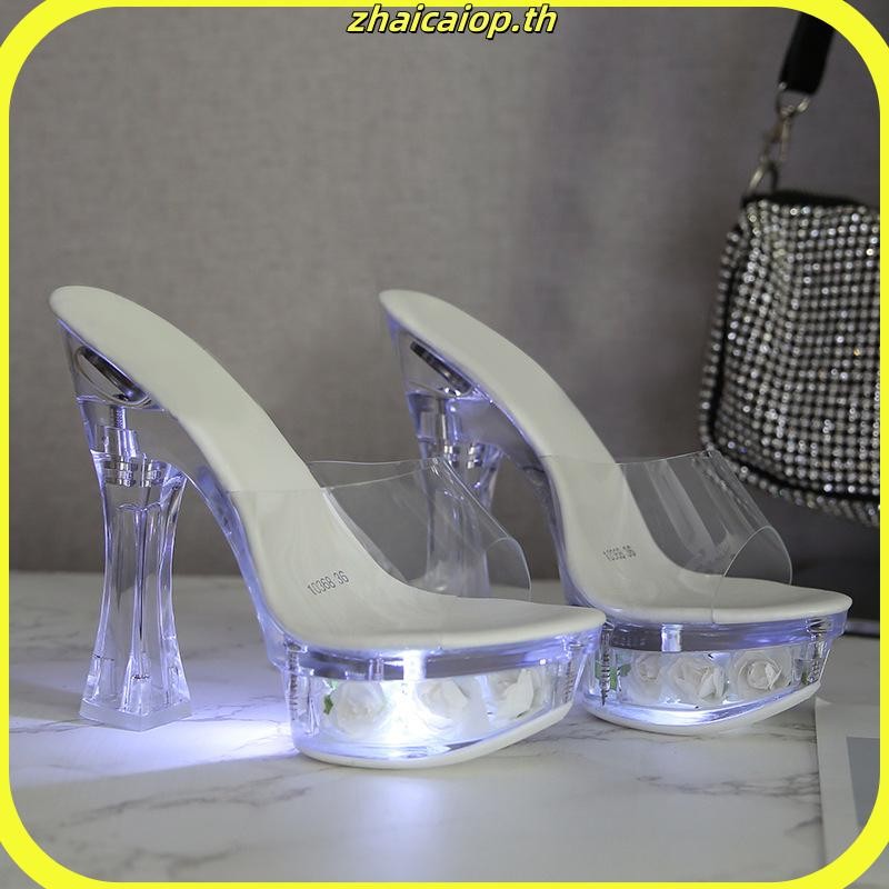 รองเท้าส้นสูง 10365-50 ส้นหนา 14 ซม. สีเรืองแสง สําหรับผู้หญิง เหมาะกับไนท์คลับ