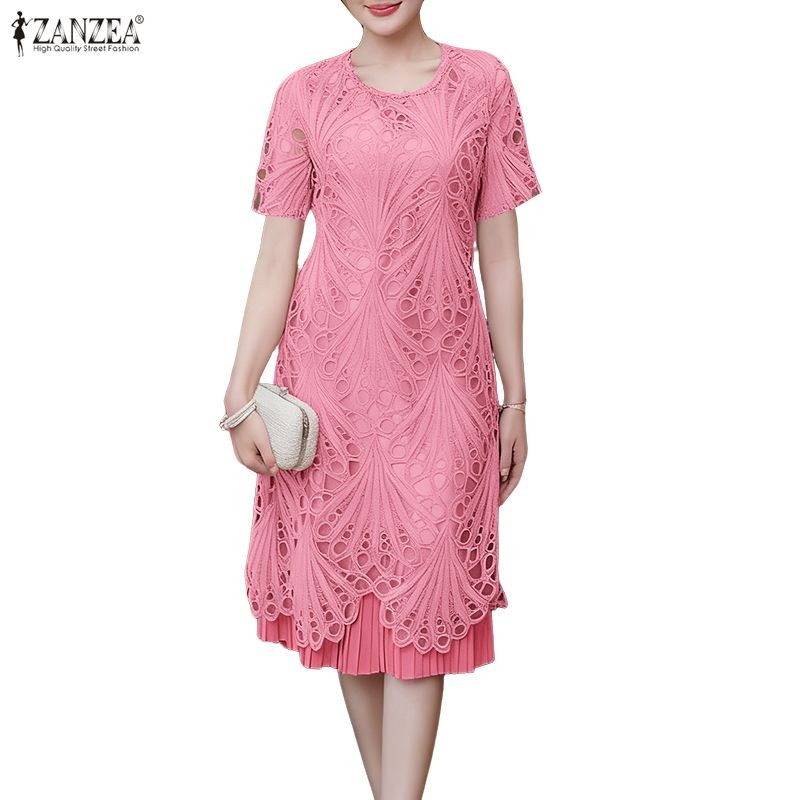 ZANZEA ชุดครึ่งแขนจีบลูกไม้ปักละเอียด สไตล์เกาหลีสง่าผ่าย เหมาะสำหรับสวมใส่ทุกวัน
