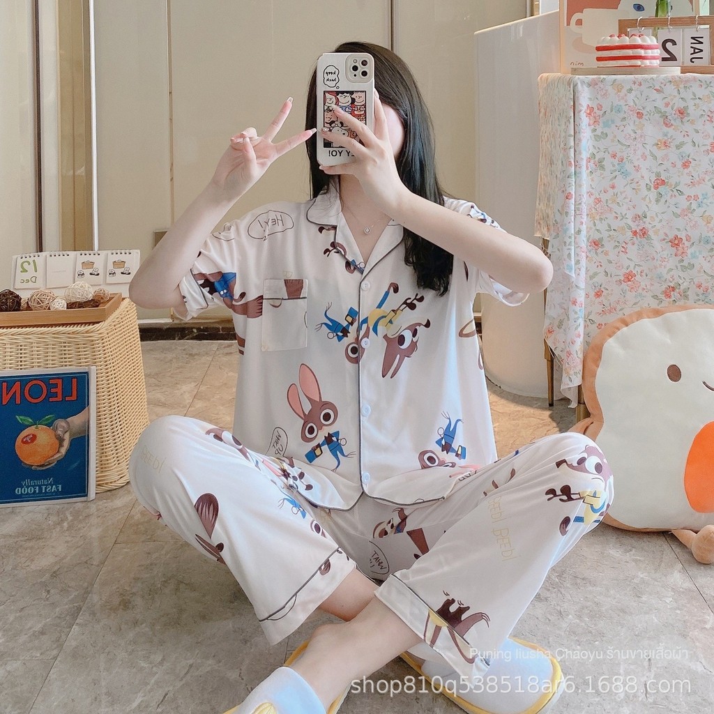 ชุดนตอน ลายใหม่ ชุดนอนผู้แขนสั้น ขายาว ชุดนอนผ้ตอน ผ้าฝ้าย ชุดนอนลายน่ารัก adult pajamas LittleStar6