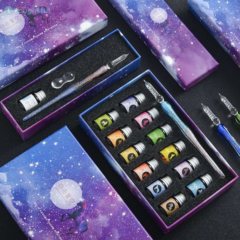 ชุดปากกาแก้วคริสตัล Starry Sky ปากกาลายเซ็น Flash Powder ปากกาจุ่มน้ำสำหรับนักเรียน ปากกาจุ่มหมึกแก้ว ของขวัญเครื่องเขียน TH