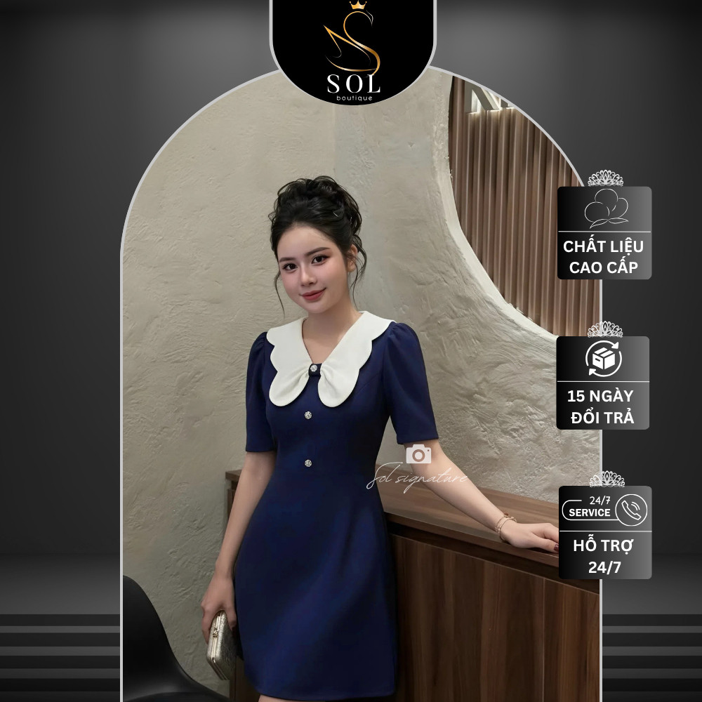 [QCCC รุ่น] ชุดเดรสเสื้อยืดผู้หญิงคอปกเปิดลงแขนสั้น-เดรสคอโบว์กระดุมวิบวับ จ662