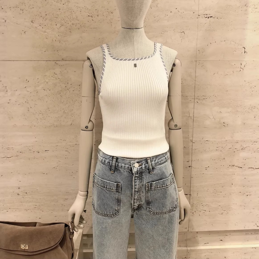 7UXG sandro ฤดูใบไม้ผลิสีขาว Contrast Edge Fine Vertical Pit Stripes ถัก Camisole