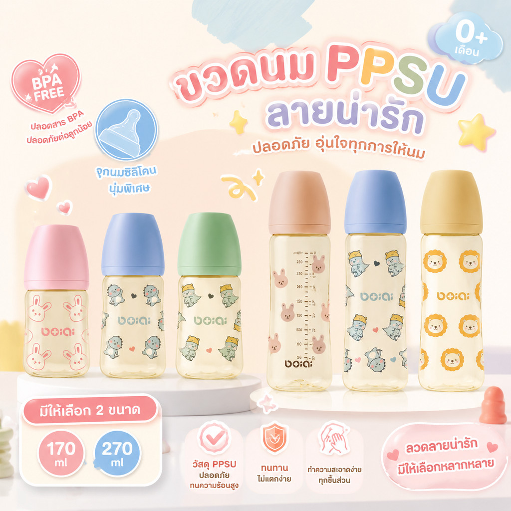 COD PPSU 170/270ml ขวดนมสำหรับเด็ก ลวดลายการ์ตูน มีเส้นกำกับ