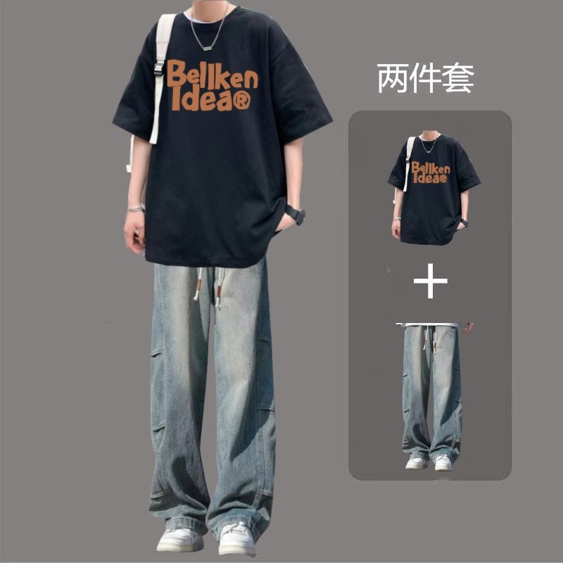 เสื้อยืดแขนสั้นฤดูร้อนครึ่ง T444 Pure Cotton+K30 ชุดยีนส์ S-3XL [สูท]
