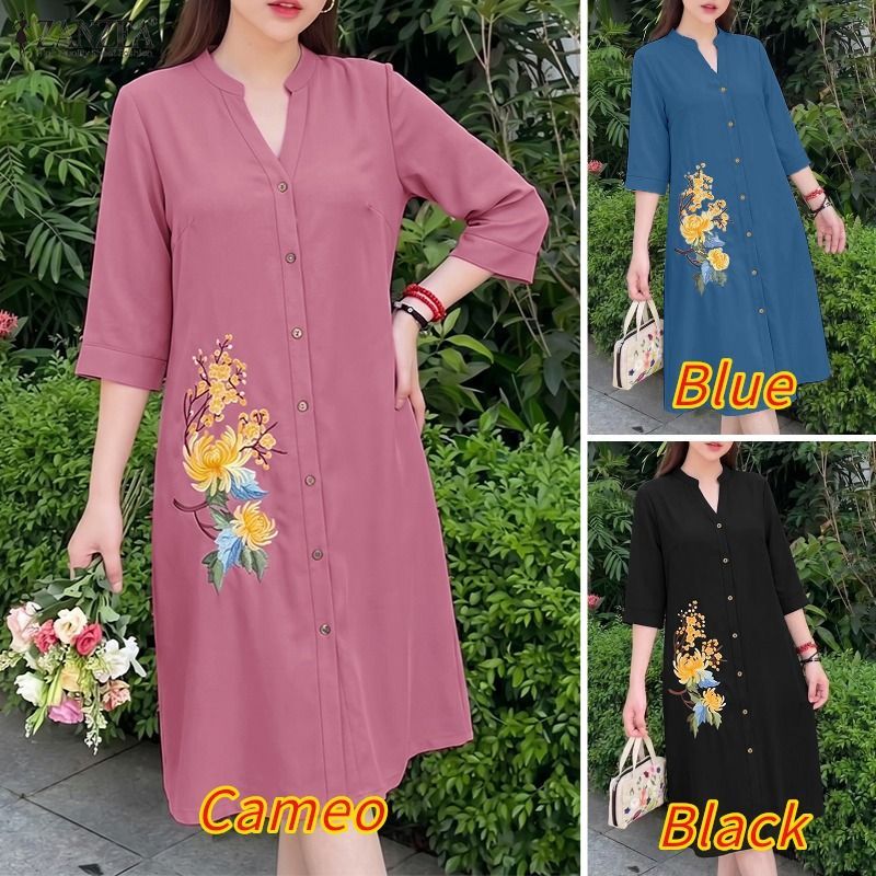 ZANZEA ผู้หญิงเกาหลีวินเทจลําลองขาตั้ง V คอ 3/4 แขนเดี่ยวปักพิมพ์ A-Line Shirtdress — صورة 3