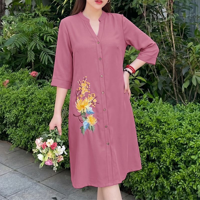 ZANZEA ผู้หญิงเกาหลีวินเทจลําลองขาตั้ง V คอ 3/4 แขนเดี่ยวปักพิมพ์ A-Line Shirtdress — صورة 5