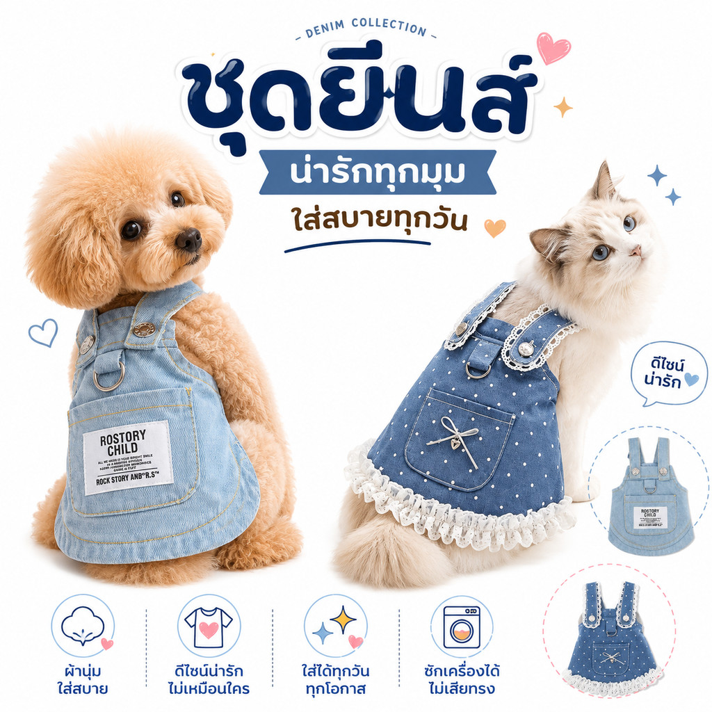 ชุดยีนส์สัตว์เลี้ยง เสื้อหมาแมวสุดคิวท์ มาพร้อมห่วงเกี่ยวสายจูงในตัว