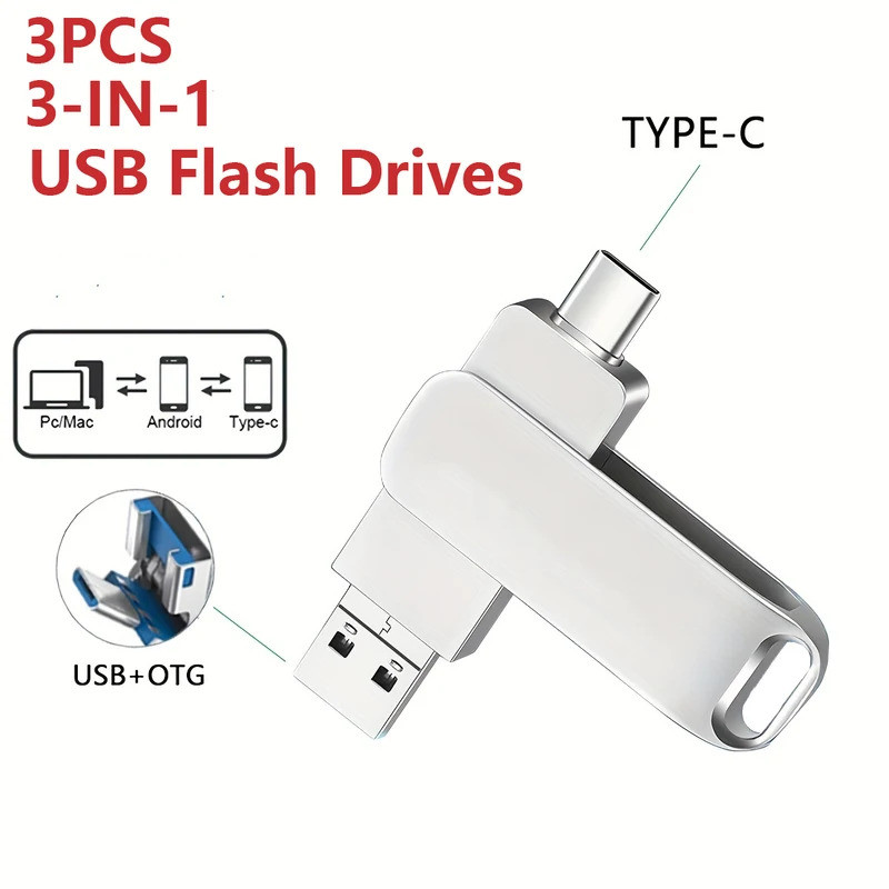 3 ชิ้น 3-in-1 USB แฟลชไดรฟ์ 128GB 64GB 32GB 16GB 8GB, USB 2.0 ดิสก์ U ความเร็วสูง, ไดรฟ์ปากกาโลหะ Ty