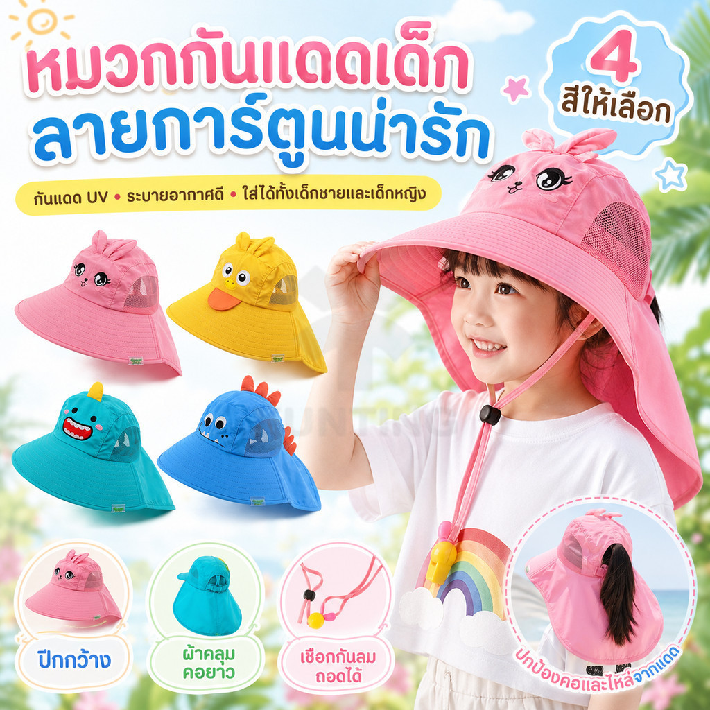 xuntingหมวกกันแดดเด็ก หมวกปีกกว้างเด็ก กันยูวี UV ระบายอากาศดี คลุมคอ มีนกหวีด ถอดเชือกได้ ใส่ได้ทั้งเด็กชายเด็กหญิง