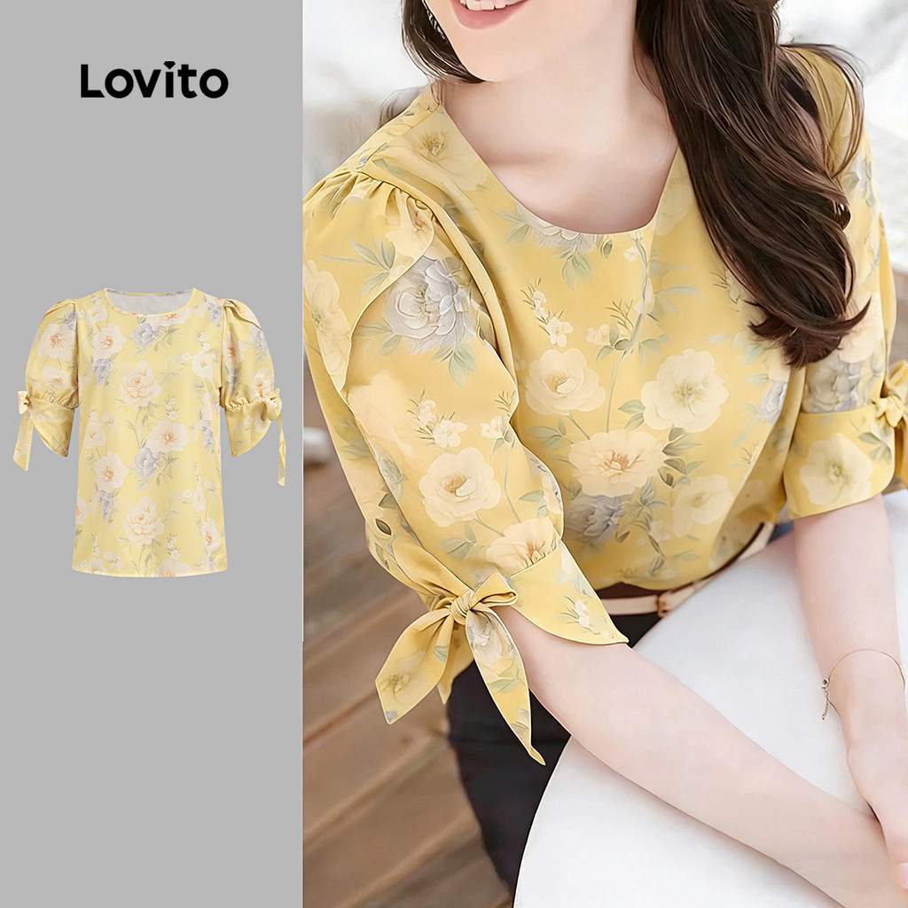 Lovito เสื้อเบลาส์สีเหลืองอ่อนพิมพ์ลายดอกไม้ผูกด้านหน้าหรูหราสําหรับผู้หญิง LK6ED781