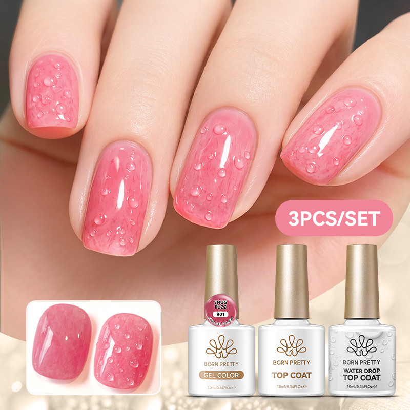 BORN PRETTY Snug Fuzz สีชมพูเจล Water Drop Top Coat เจลเล็บชุดใส 3D หยดน้ําผลฤดูใบไม้ผลิฤดูร้อนการออกแบบวานิช Functional เจลคริสตัลเล็บ