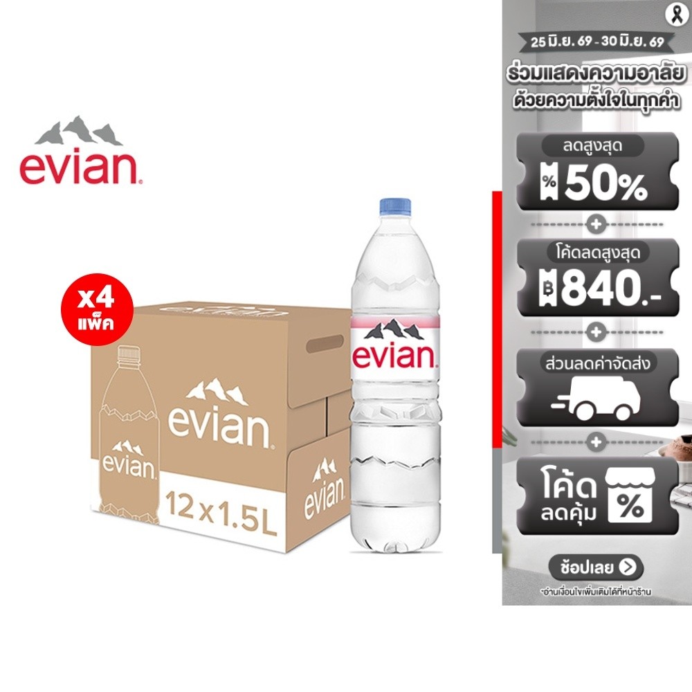 [แพ็ก 4] Evian Natural Mineral Water เอเวียง น้ำแร่ธรรมชาติ ขวดพลาสติก 1.5 ล. แพ็ค 12 ขวด