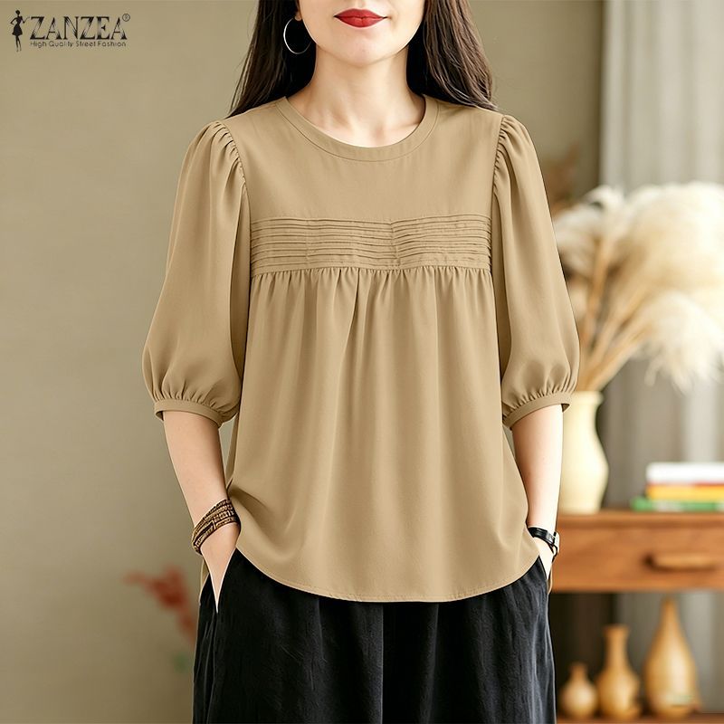 ZANZEA ผู้หญิงเกาหลีอ่อนโยนลูกเรือคอโคมไฟแขน Pleats Splicing สีทึบ A-Line เสื้อ — صورة 4