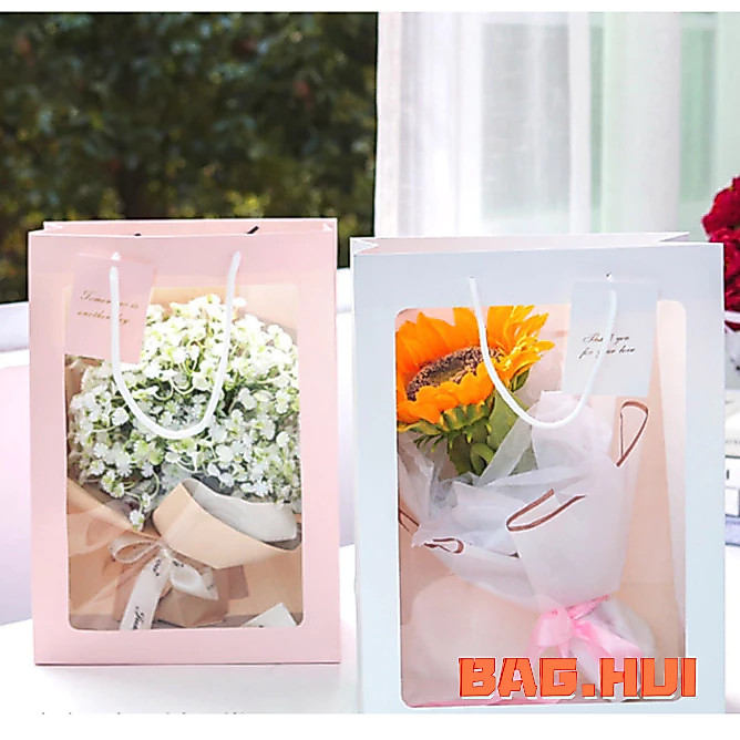 🍒🍒BH ถุงกระดาษ Flower ฐานกว้าง ขนาดใหญ่ ใส่ดอกไม้ ใส่ตุ๊กตา ของขวัญ หูหิ้วเชือก อย่างดี พร้อมส่ง